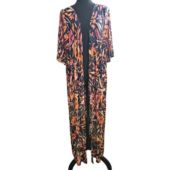 Size 1X Floral Print Open Front Sheer Kimono Cardigan By Cyrus Summer Coverup - Picture 1 of 4